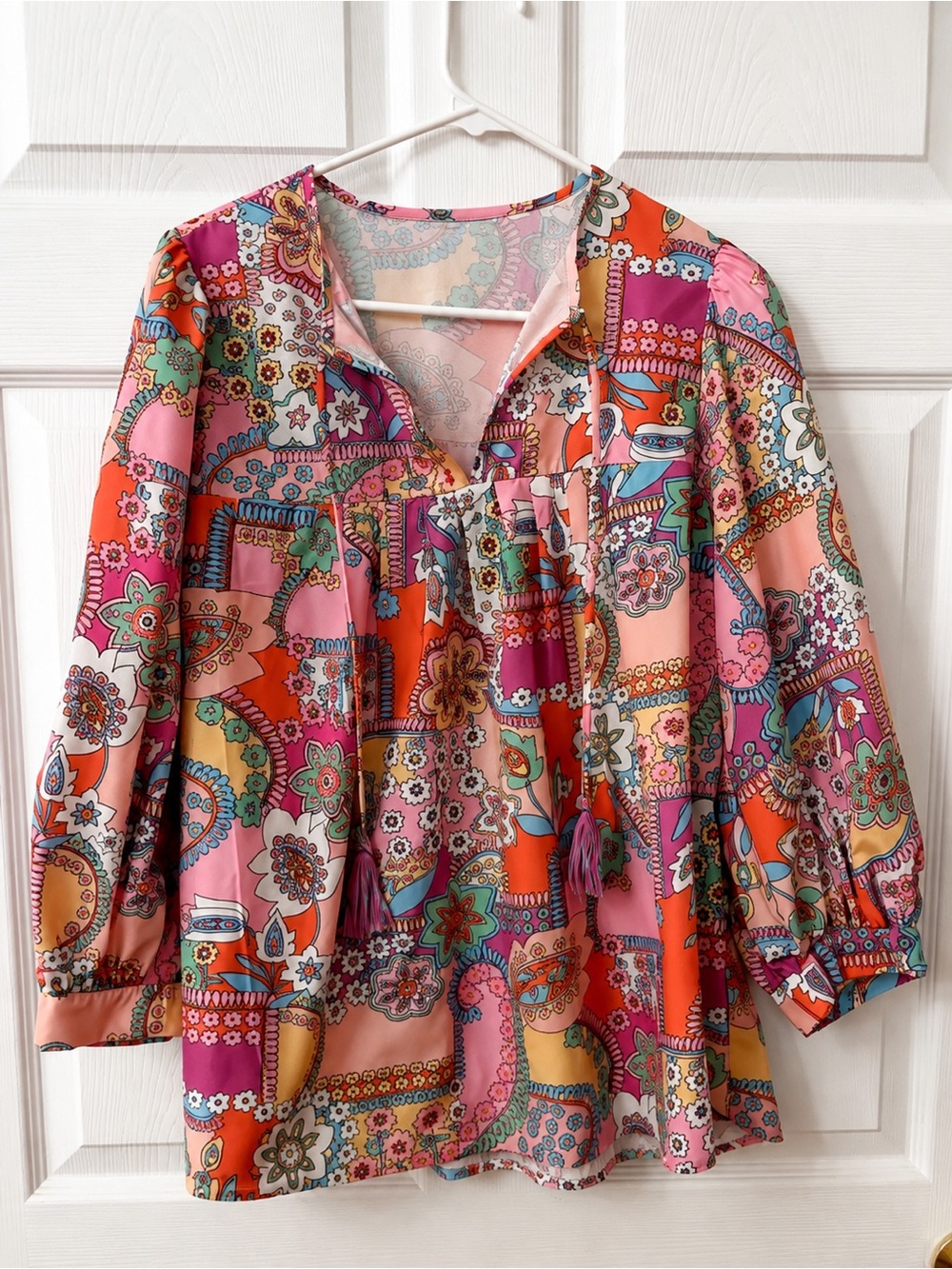 Paisley Patchwork Peasant Blouse - Pink & Orange